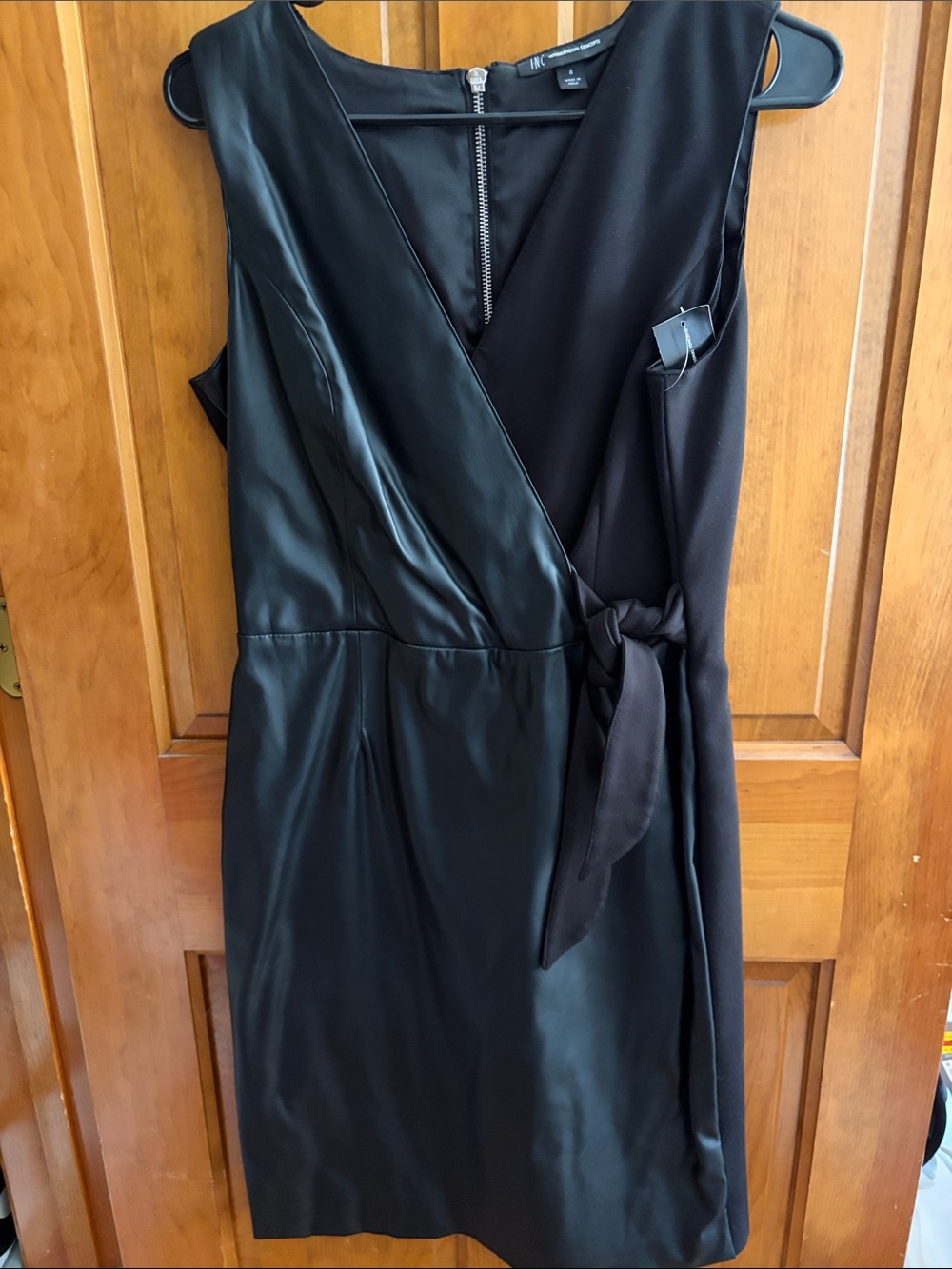 INC International Concepts Black Faux-Leather Trim Wrap Dress